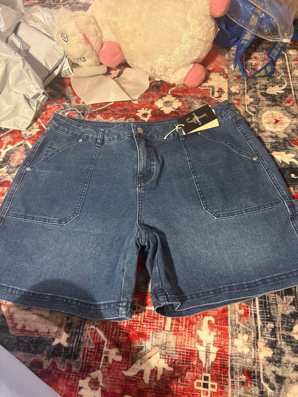 Flamingals High Waist Denim Shorts Mid Thigh Length Carpenter 3XL PS12-1 - Picture 5 of 5